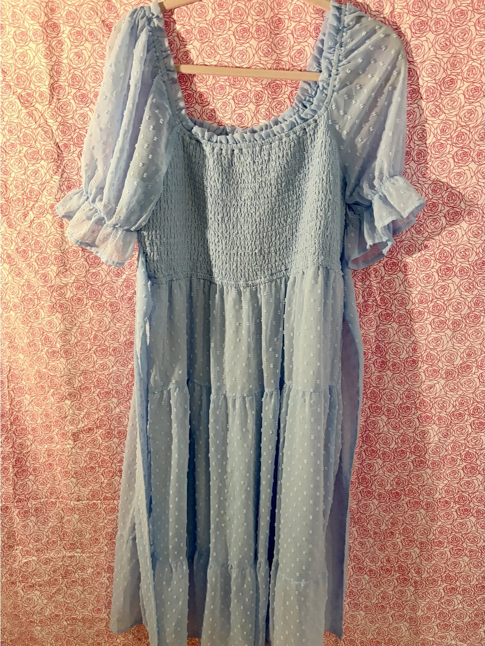 Light Blue Swiss Dot Puff Sleeve Midi Dress